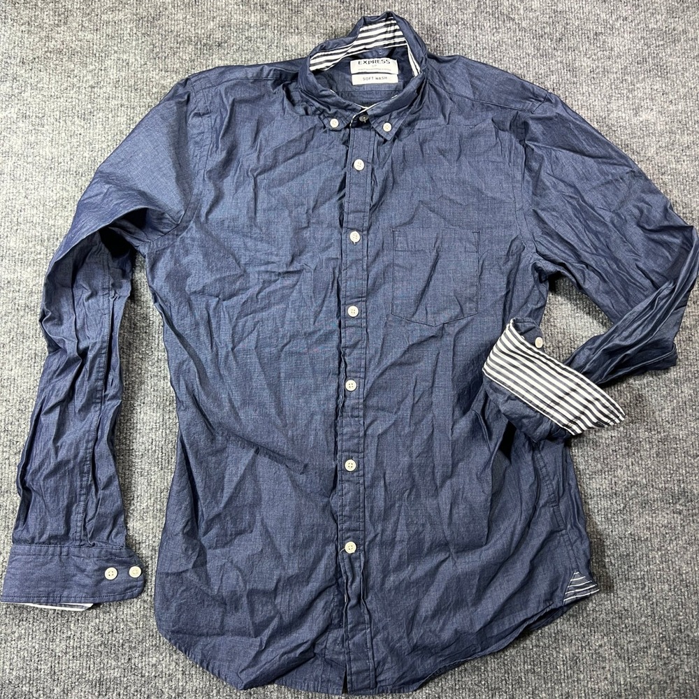Express Soft Wash Mens Sm. Navy Blue Button Down Long Sleeve Shirt Striped Trim